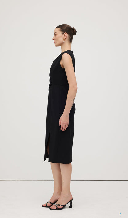 Sleeveless V Neck Pleated Midi Dress