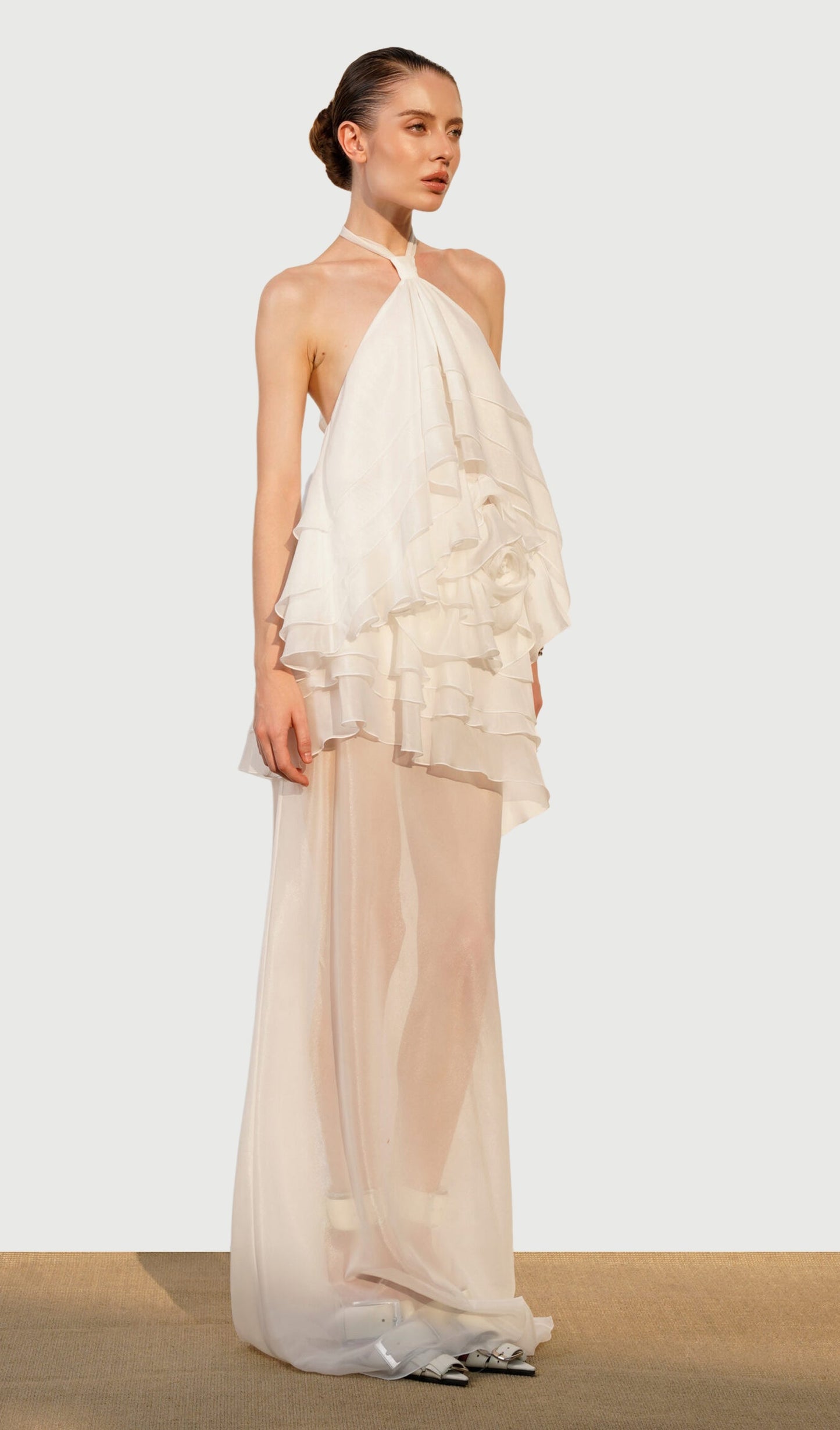 Silk Chiffon Ruffle Top & Midi Skirt Set