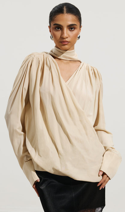 Pleated V-Neck Top & Asymmetrical Lace Skirt Set