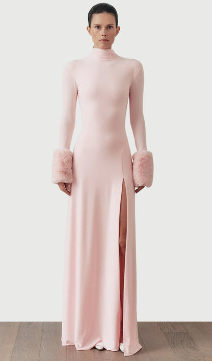 Slit Maxi Dress With Detachable Fur Details