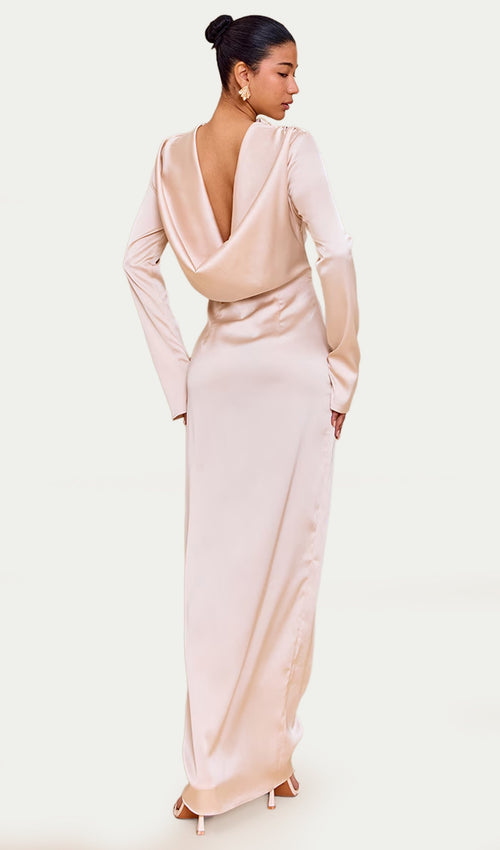 Long Sleeve Satin Cowl Back Maxi Dress