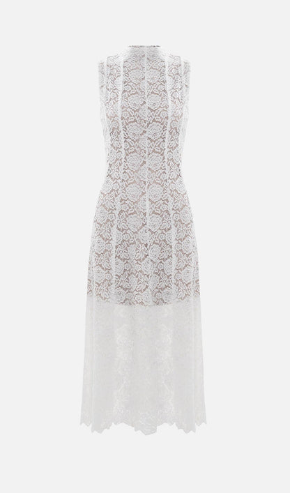 Guipure Midi Dress With High Collar