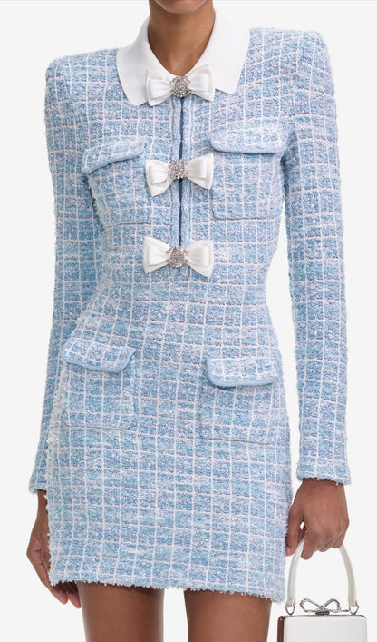 Blue Check Collared Knit Mini Dress