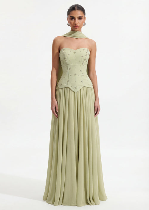 Sage Green Beaded Corset Maxi Dress