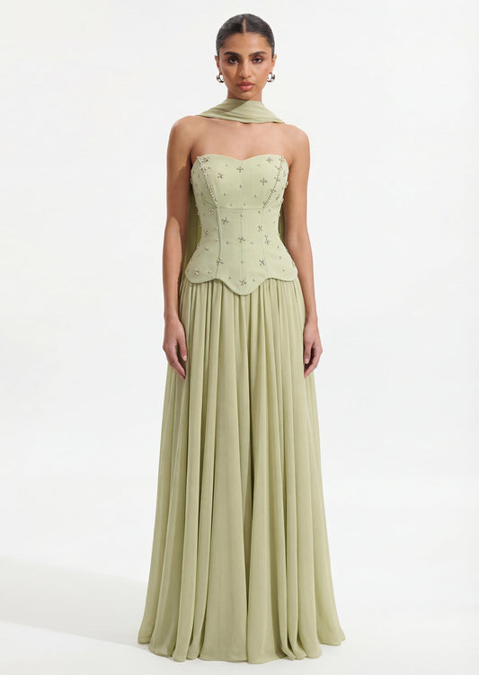 Sage Green Beaded Corset Maxi Dress
