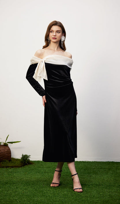 Off Shoulder Pearl Lace Up Maxi Dress
