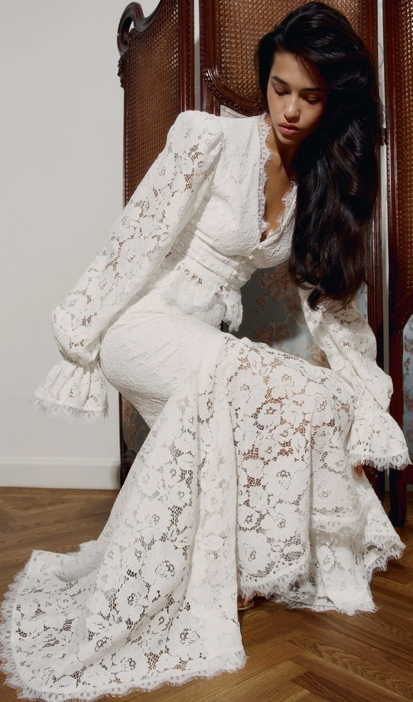 Lace Trimmed Puff Sleeved Top & Fishtail Skirt Set