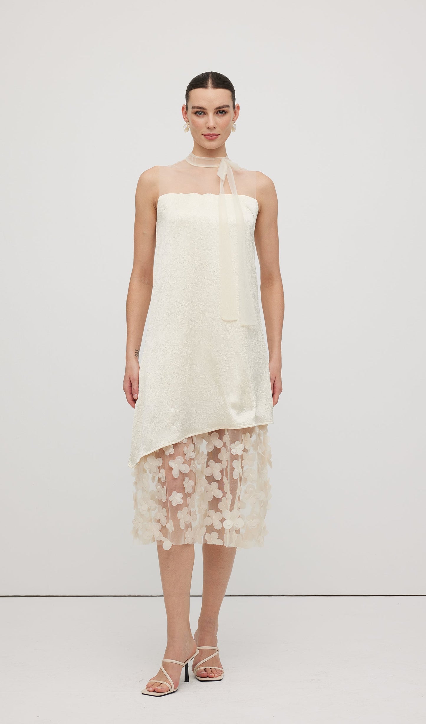 Solid Mesh Stitching Sleeveless Midi Dress
