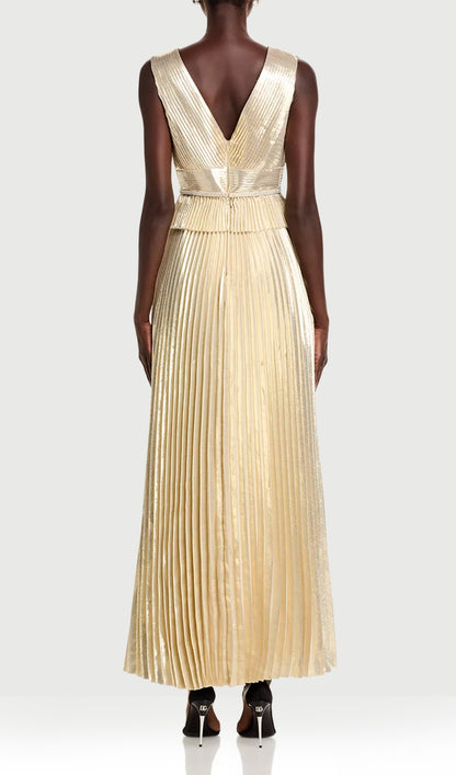 Gold Metallic V Neck Maxi Dress