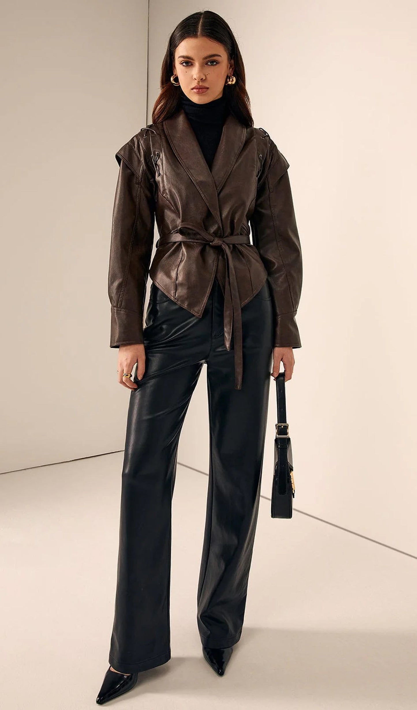 Tie-Waist Faux Leather Jacket In Brown