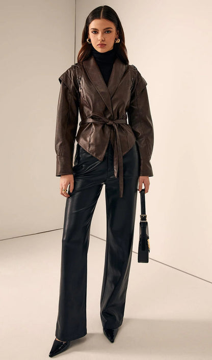 Tie-Waist Faux Leather Jacket In Brown