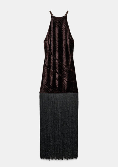 Velvet Fringed Midi Dress