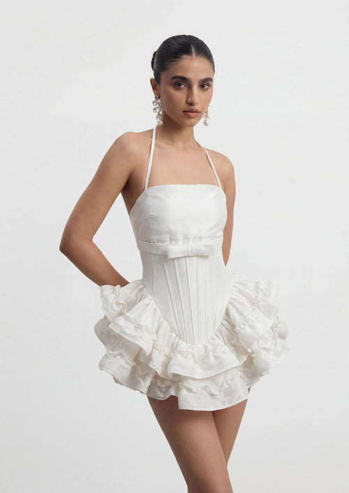 Ruffled Satin Corset Mini Dress In White