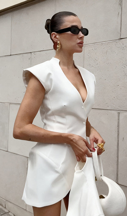 Short V-neck Suit & Sleeveless Dress Set White