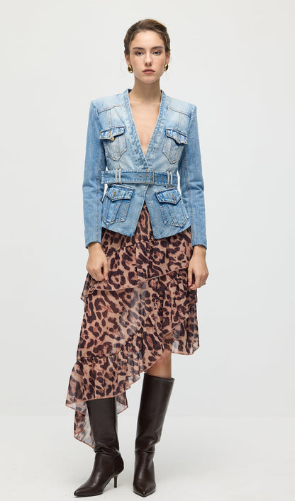 Solid V Neck Blue Denim Jacket With Belt