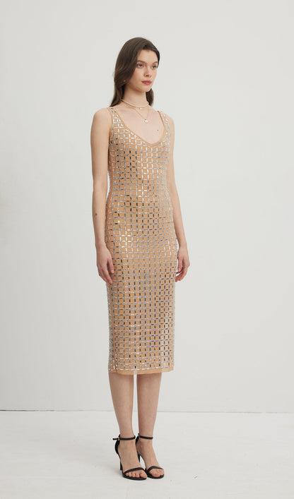 Embellished Open-Back Midi Dress Nude