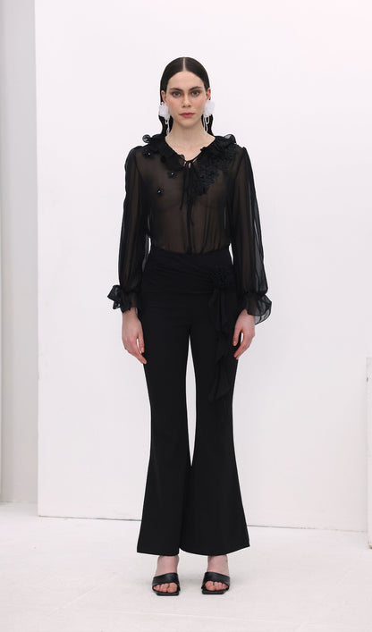 Florwer Detail High Waist Flared Trousers