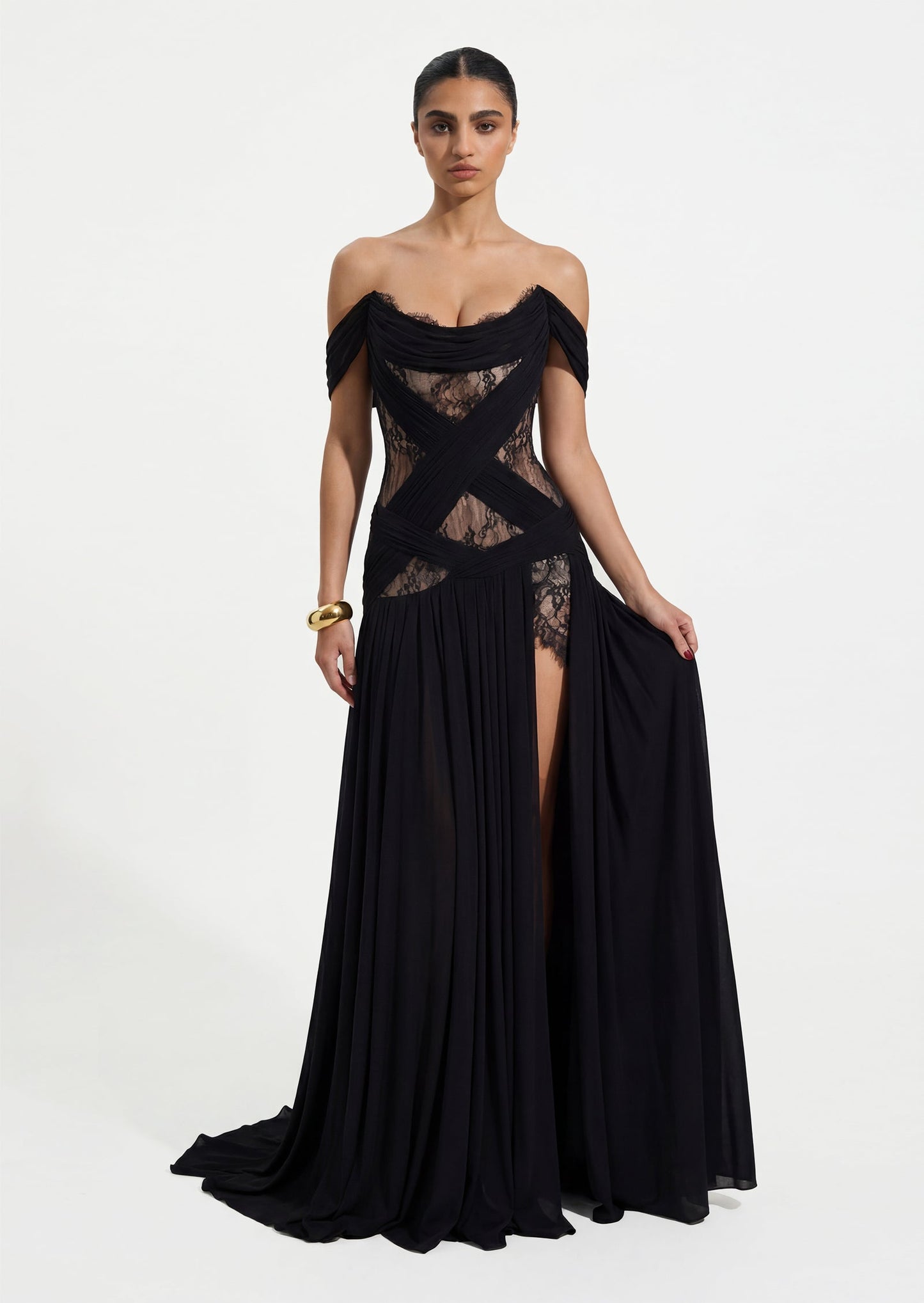 Off Shoulder Lace Panel Inserts Draped Maxi Dress