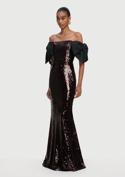 Brown Sequin Bow Maxi Dress