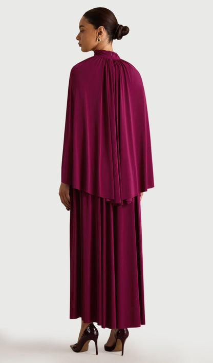 High-Neck Midi Dress With Cape-Sleeves