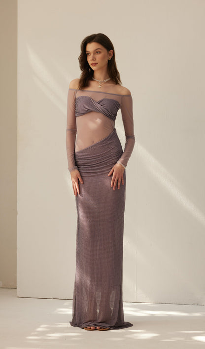 Diamante Off Shoulder Maxi Dress - Gray Purple