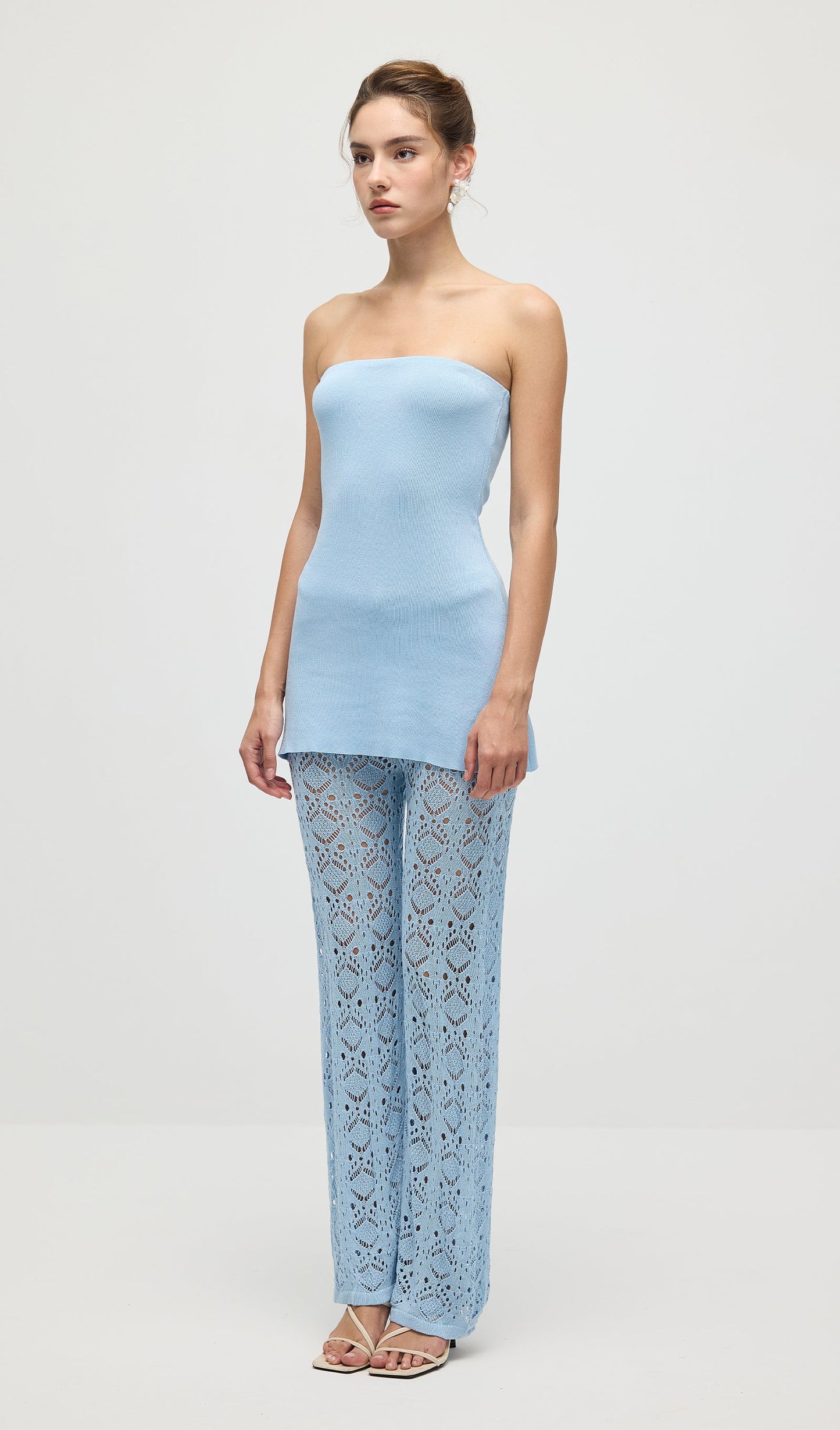 Bandage Knit Top & Crochet Knit Pants In Blue