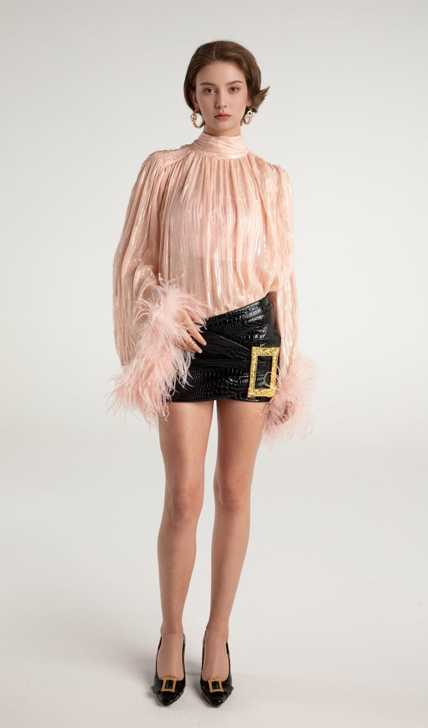 Feather Top & Leather Mini Skirt In Pink