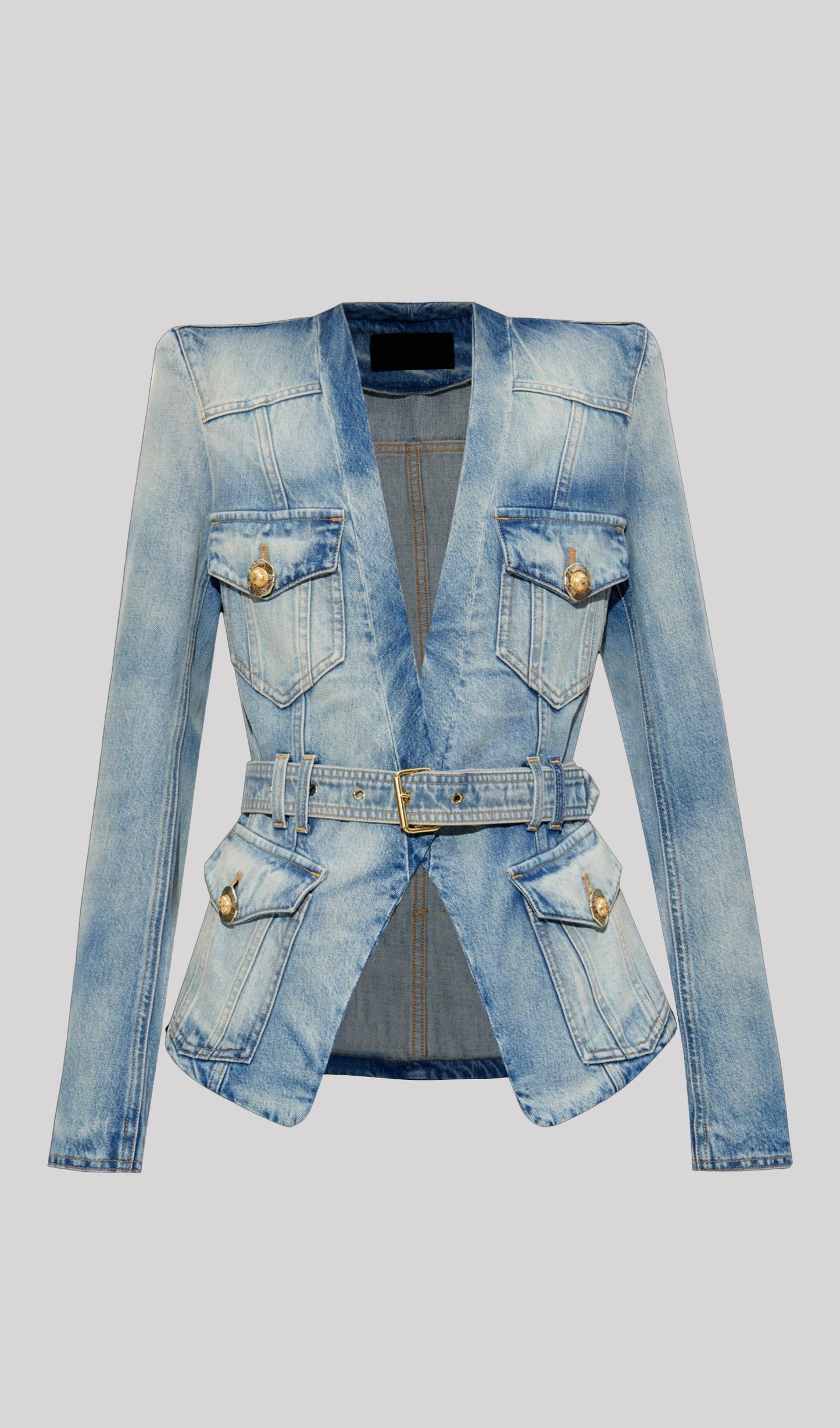 Solid V Neck Blue Denim Jacket With Belt