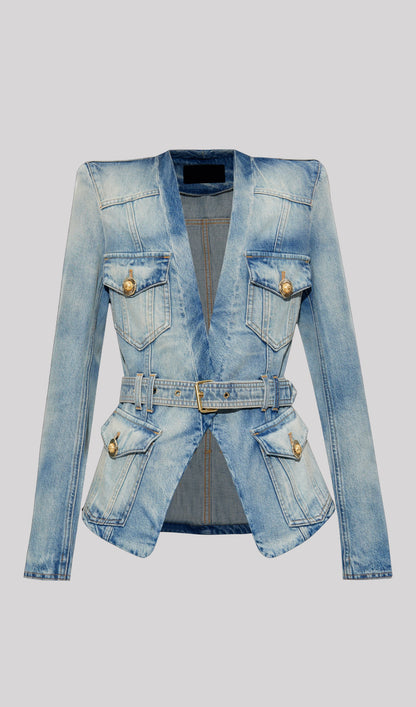 Solid V Neck Blue Denim Jacket With Belt