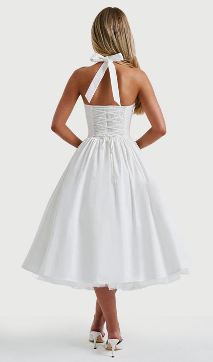 Square Halter Neckline Voluminous Midi Dress In Ivory
