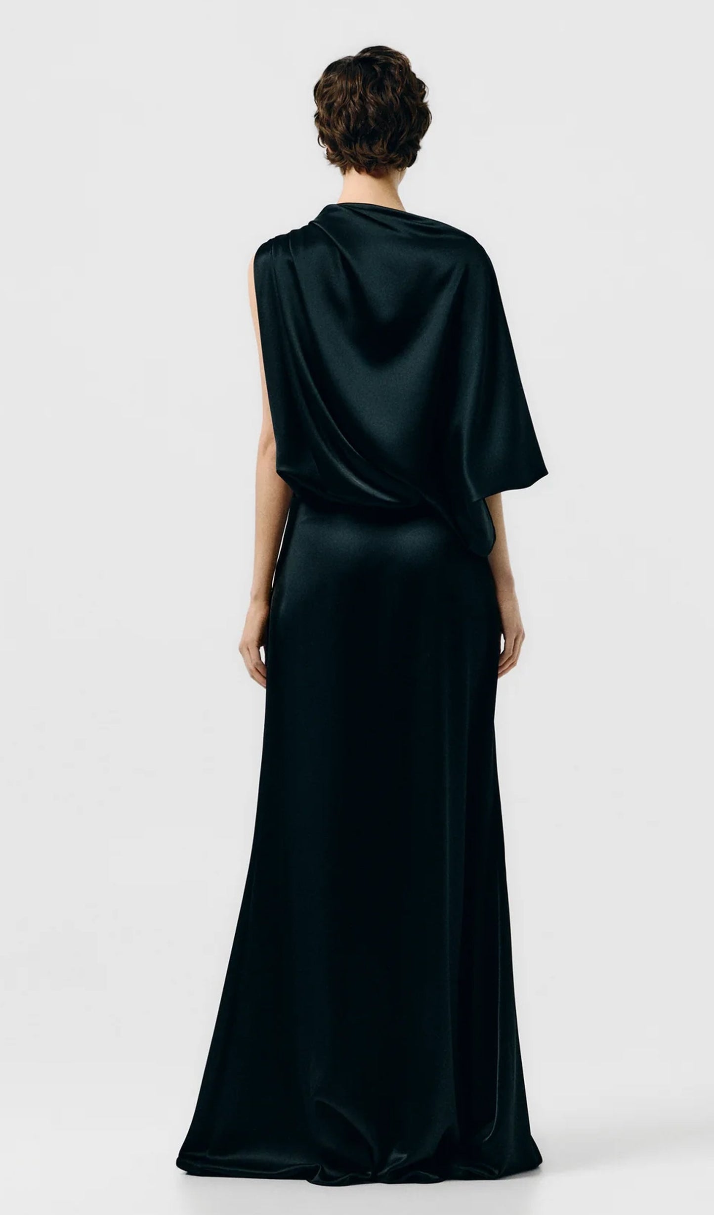 One Sleeve Draped Satin Maxi Dress In Green