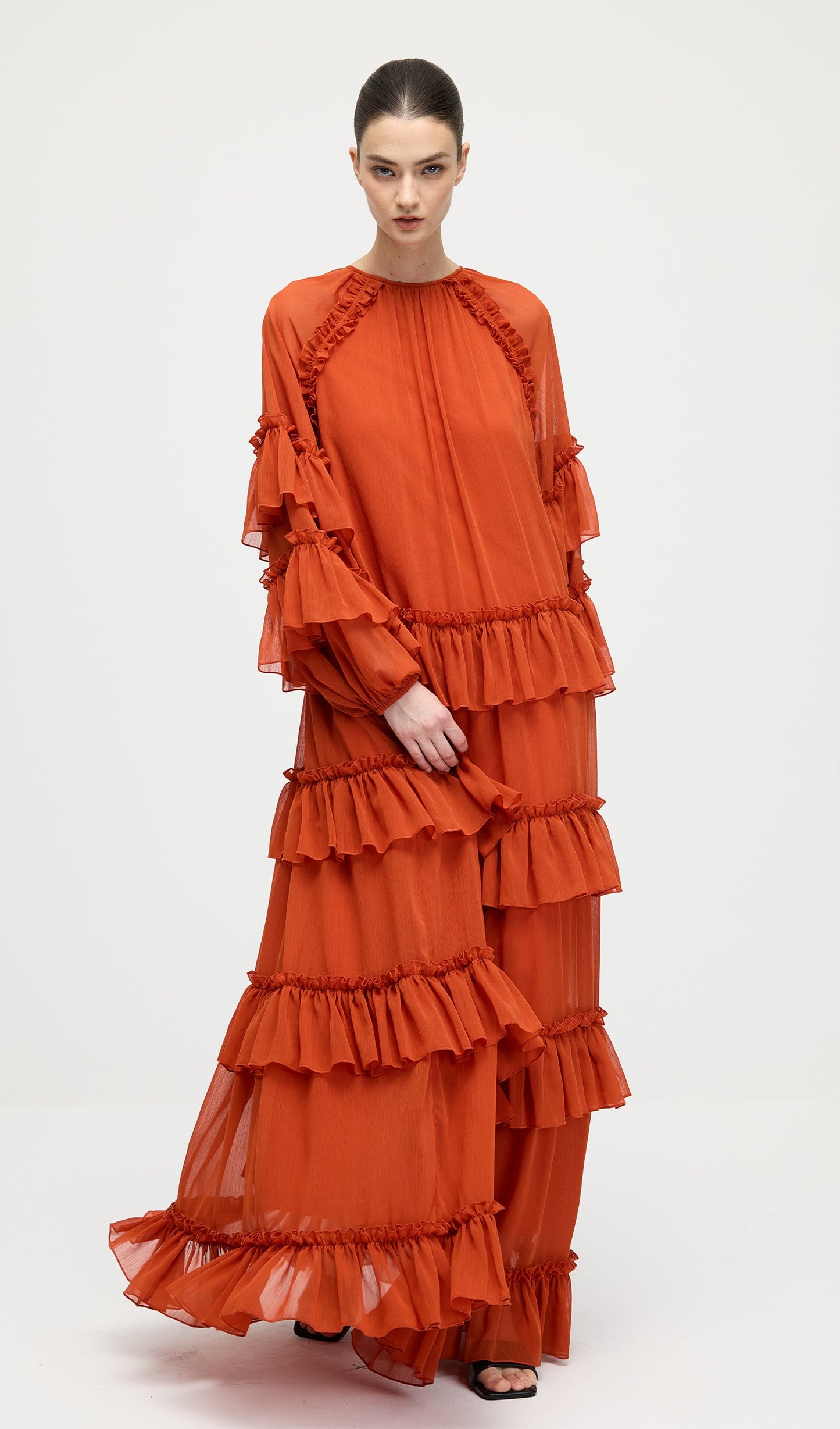 Ruffle Tiered Puff Sleeve Maxi Dress In Orange