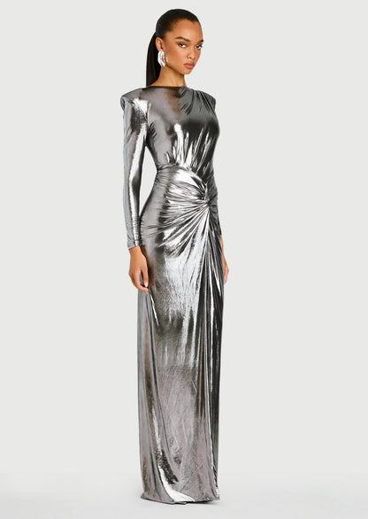 Metallic Slit Maxi Dress In Sliver