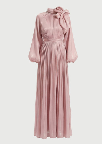 Floral Pleated Glossy Maxi Dress In Pink