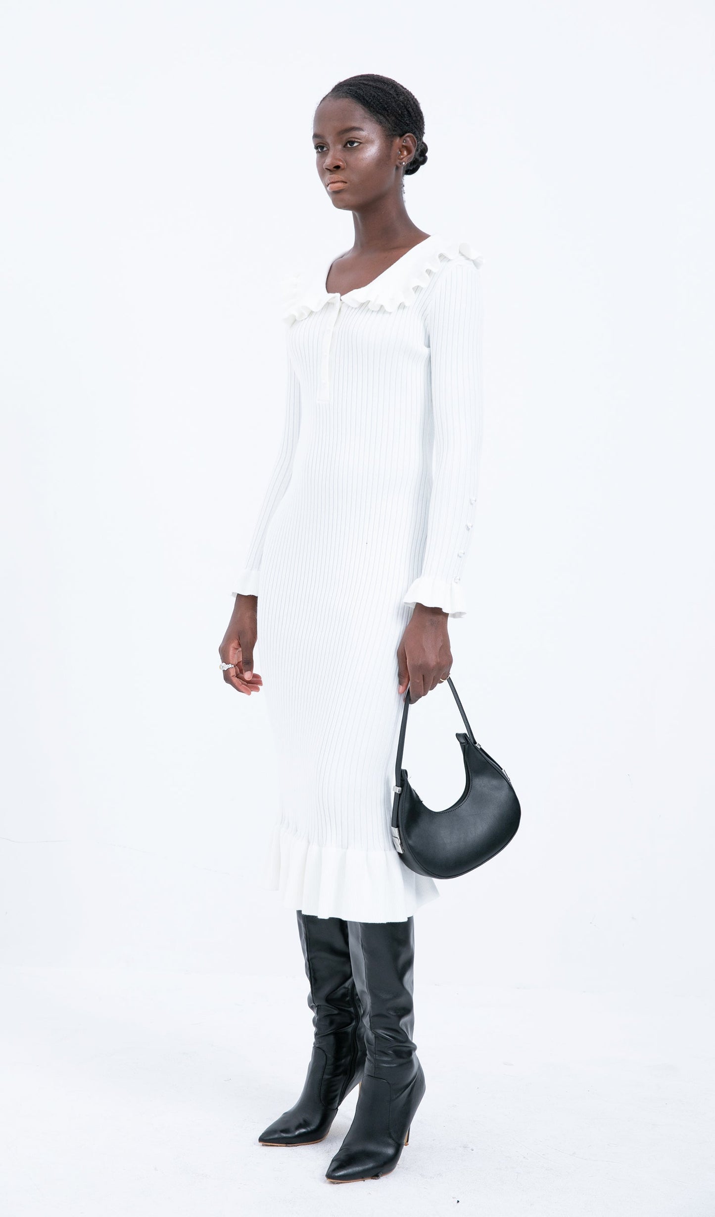 Trendy Knitted Ruffle Midi Dress-White
