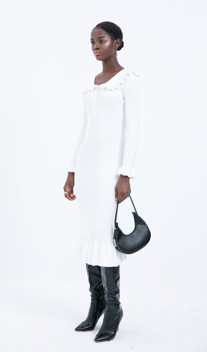Trendy Knitted Ruffle Midi Dress-White