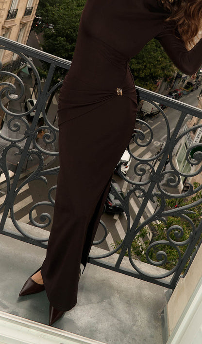 Jersey Seductive Fitted Maxi Dress-Brown