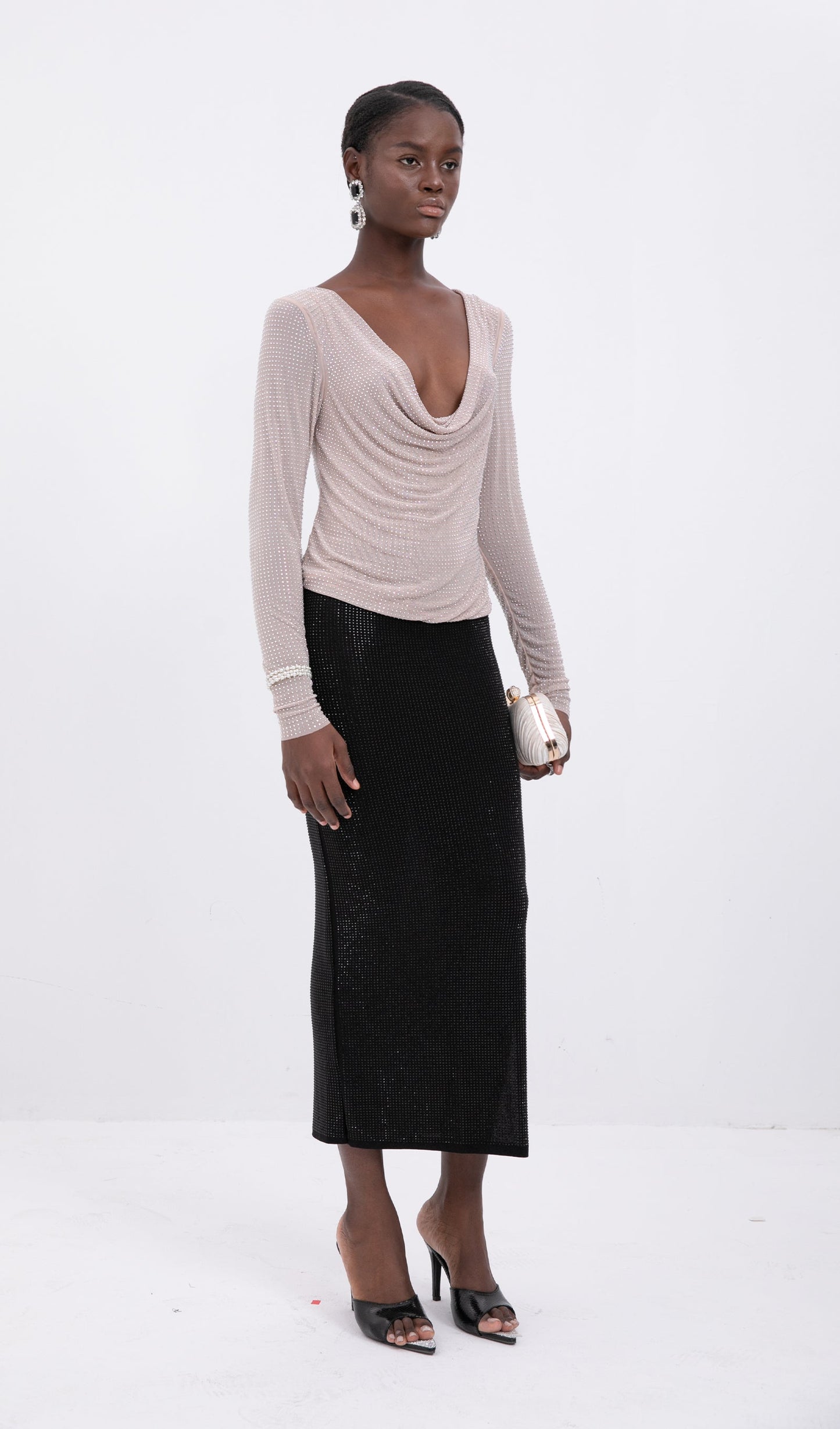 Black Tone Beaded Midi Skirt