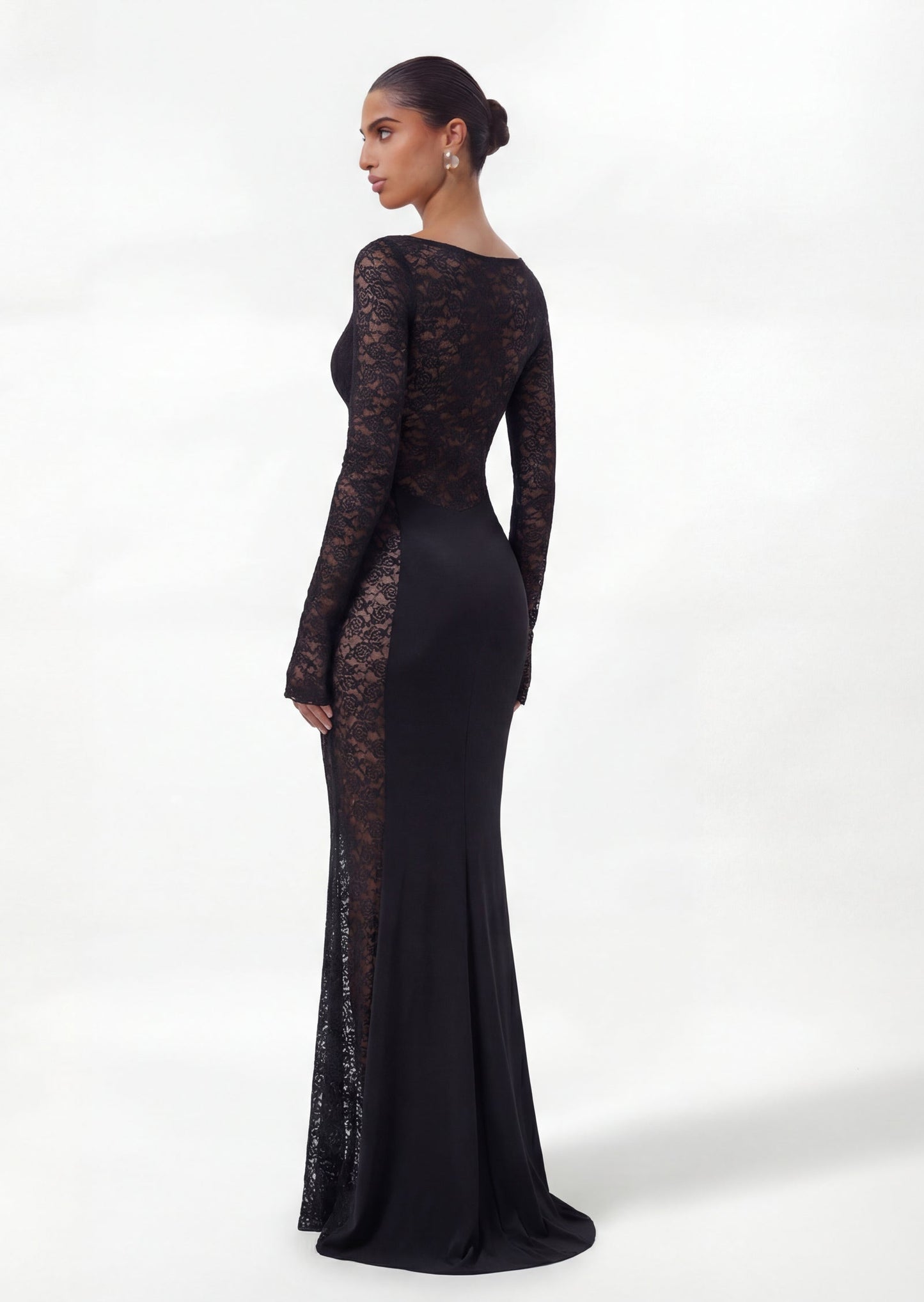 Long Sleeve Lace Panelled Maxi Dress In Black