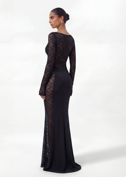 Long Sleeve Lace Panelled Maxi Dress In Black