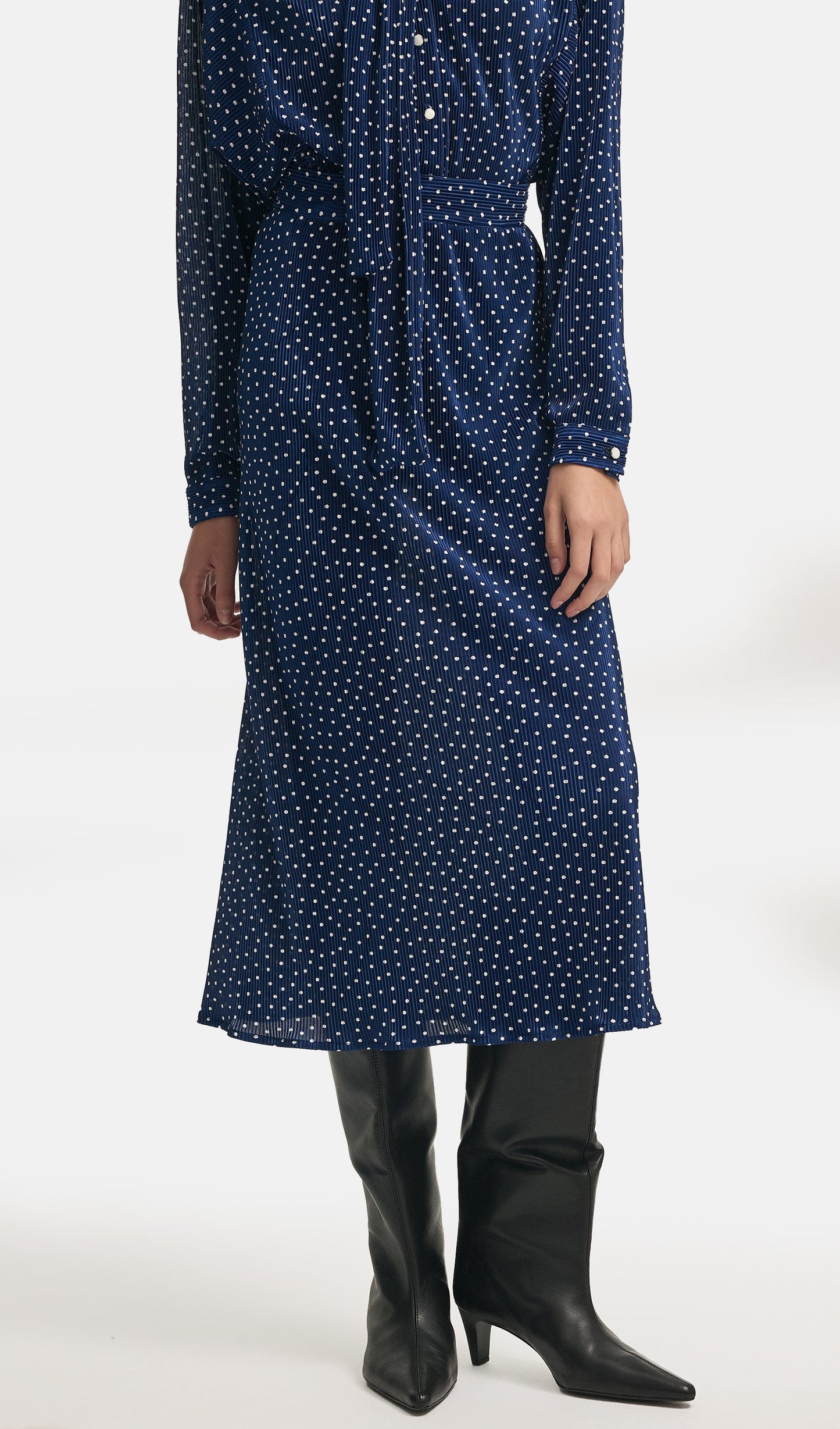 Tie Neck Polka Dot Top & Straight Skirt Set