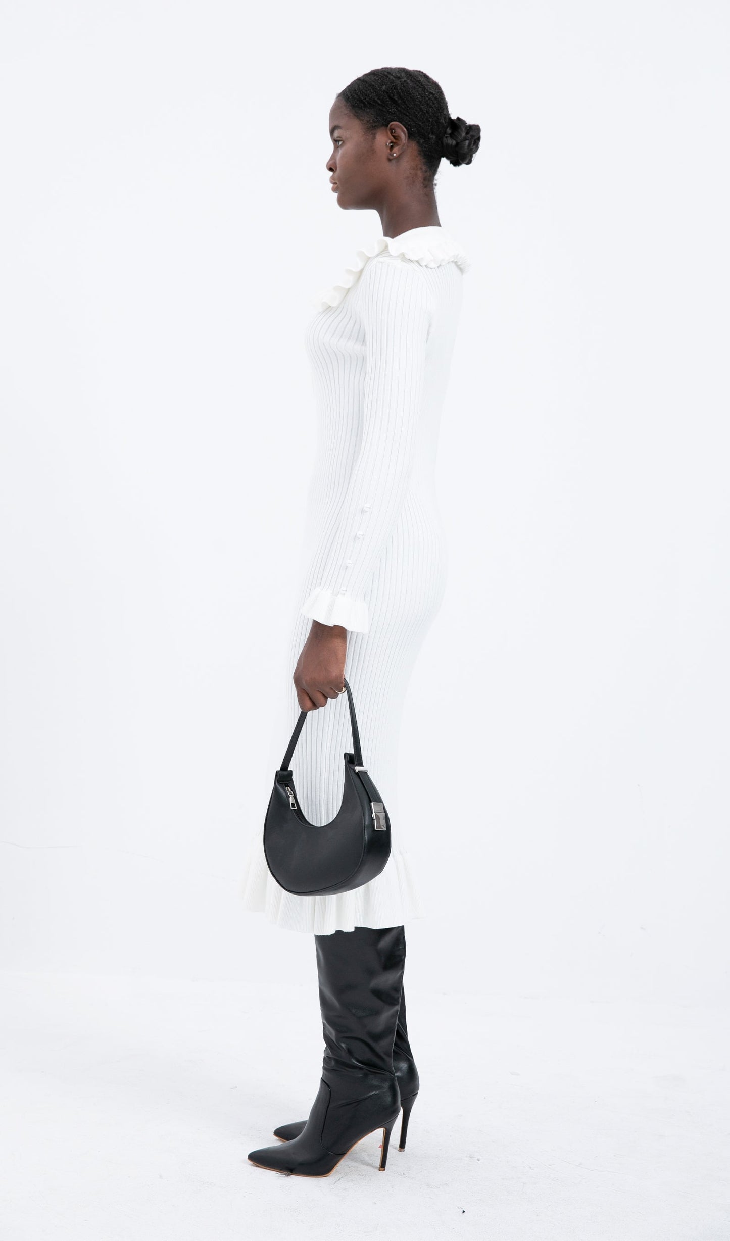 Trendy Knitted Ruffle Midi Dress-White