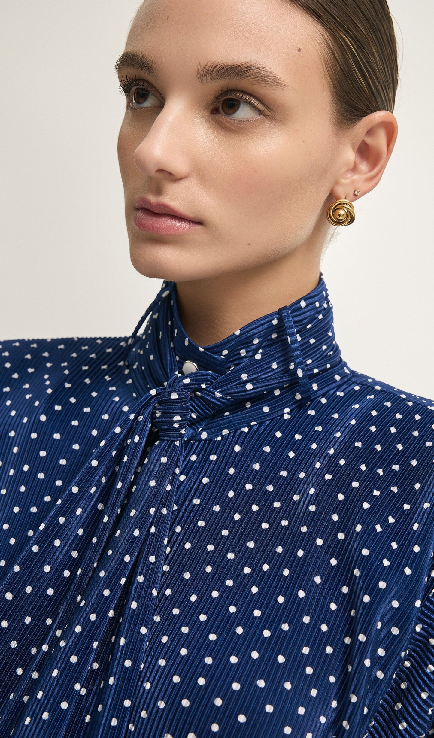 Tie Neck Polka Dot Top & Straight Skirt Set