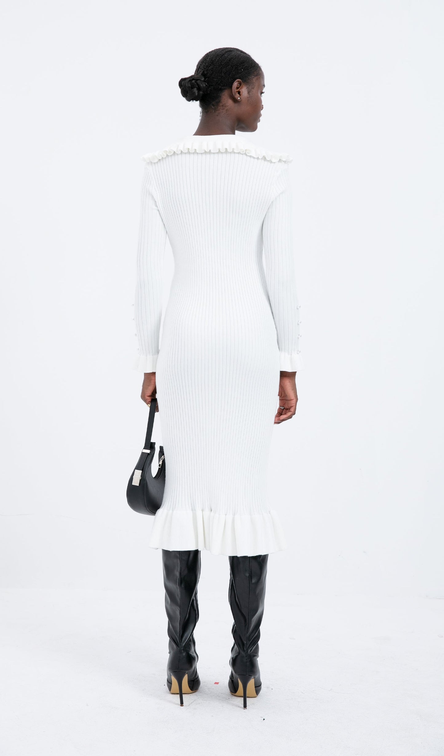 Trendy Knitted Ruffle Midi Dress-White