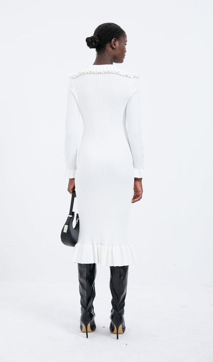 Trendy Knitted Ruffle Midi Dress-White