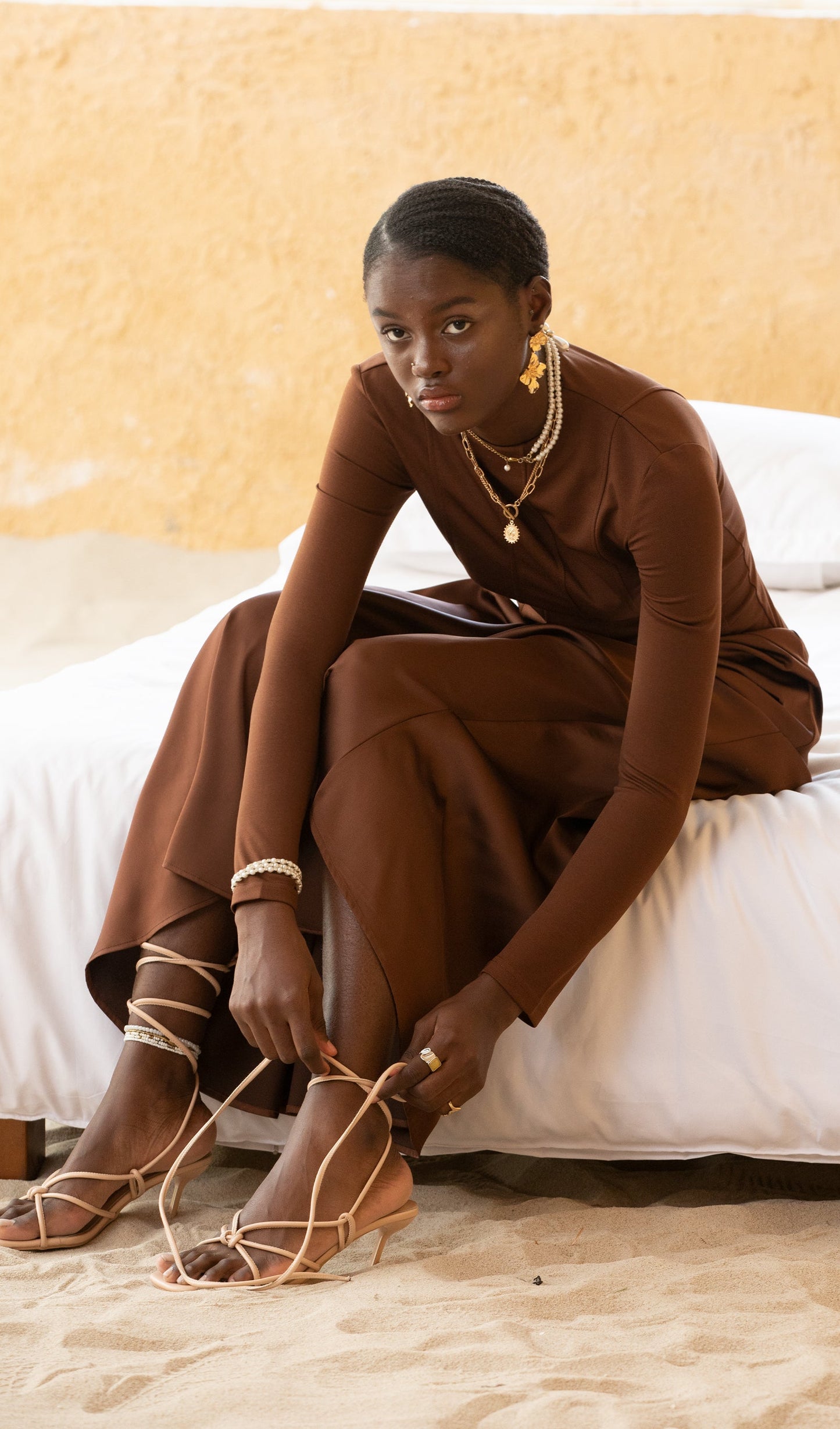Trendy Knitted Satin Maxi Dress -Coffee