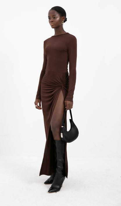 Trendy Draped Jersey Slit Maxi Dress-Brown