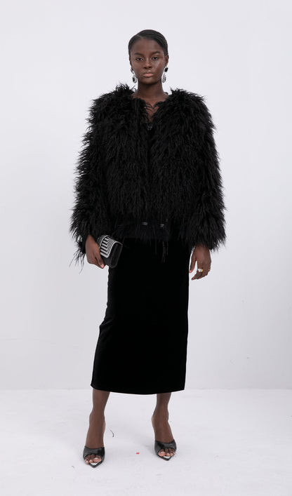 Short Shearling Jacket Coat-Black