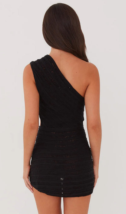 Ladder Hollow Knit Mini Dress-Black