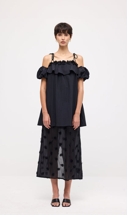 Lace Up Off Shoulder Paneled Midi Dress